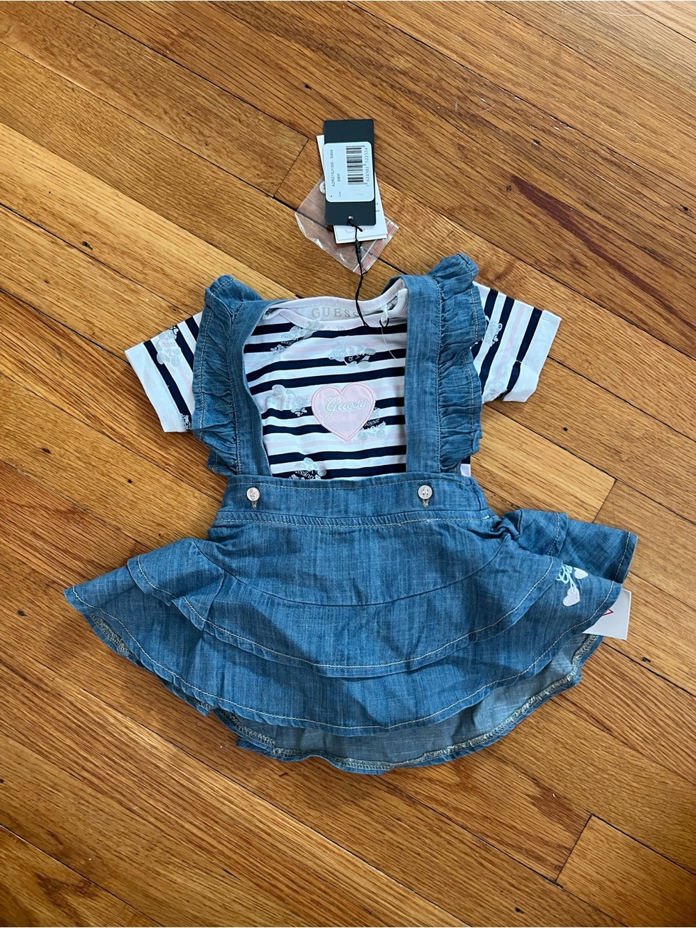 Guess Girls Denim Ruffle Overall Skirt with Navy & White Stripe Tee